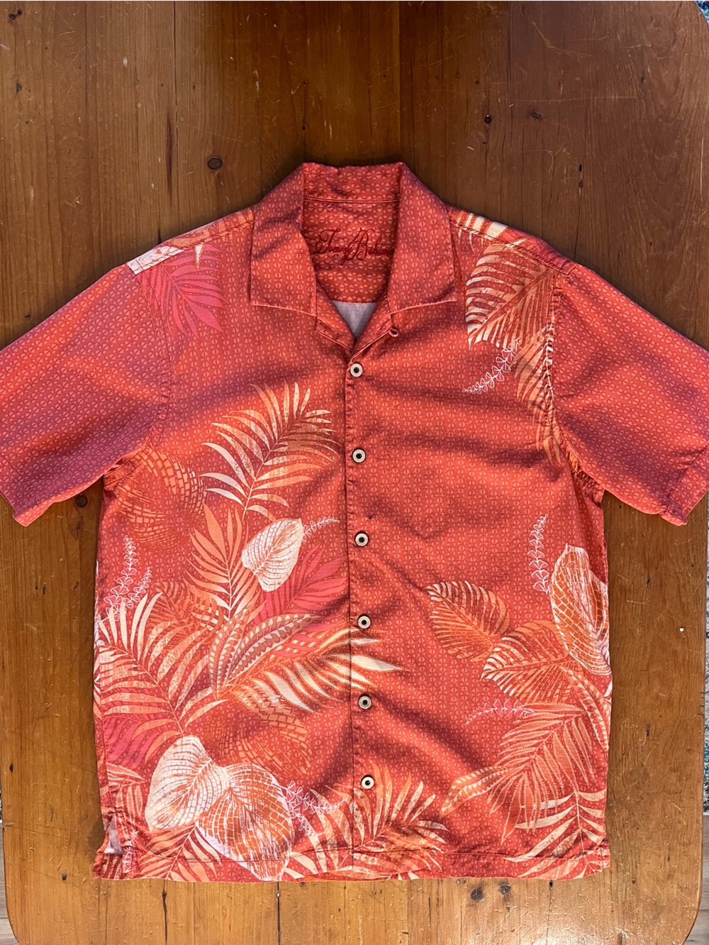 Tommy Bahama Coral Tropical Print 100% Silk Short-Sleeve Shirt
